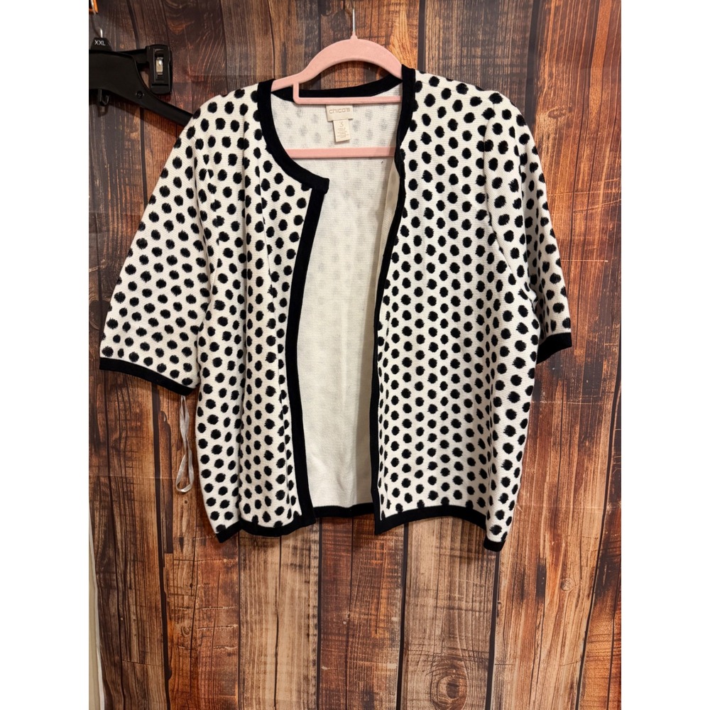 Chicos Polka Dot Open Front Cardigan Sweater Black White Cotton Size 3 XL